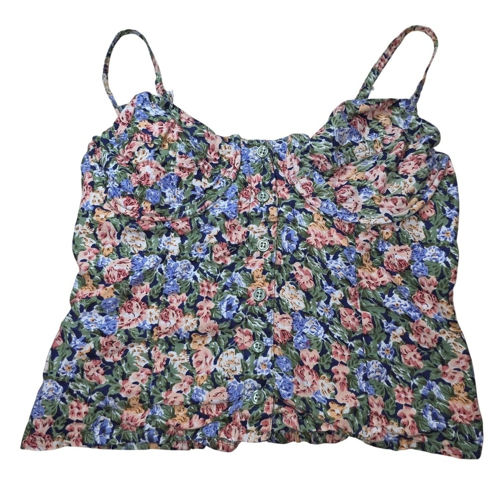 VTG  BonJour Tank Top Women M Pink‎ Floral Button Front Smocked Boho Camisole